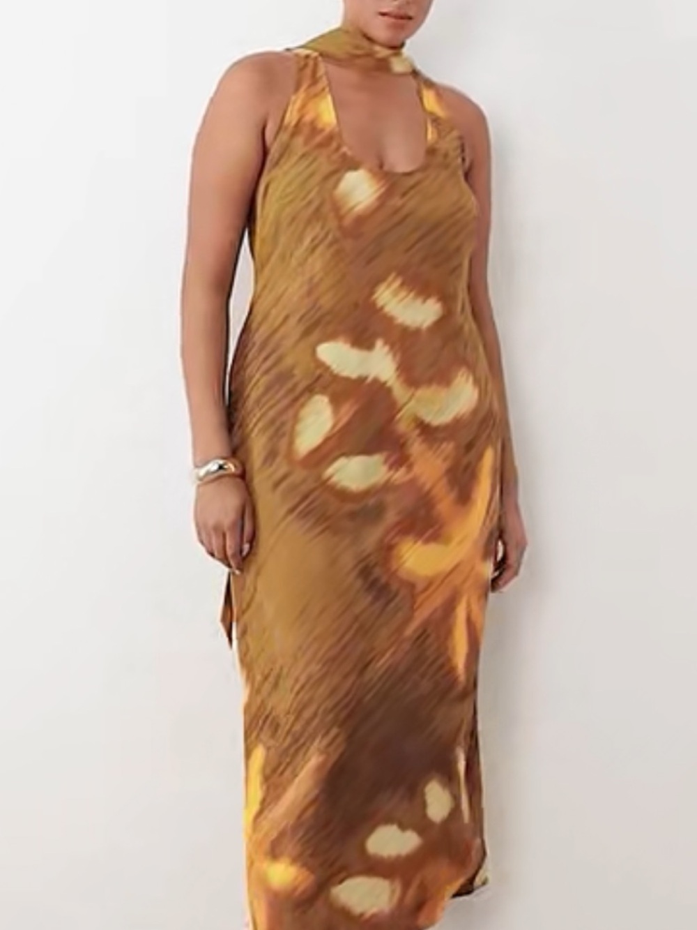 Women's Mustard Brown Tie-Dye Halter Maxi Dress
